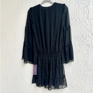 NWT Hale Bob Dolman Sleeve Ruffle Smocked Waist Tiered Dress Black Women's XS