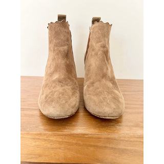 Chloe Lauren Scalloped Suede Ankle Block Boots Light Brown Women's Size 38.5