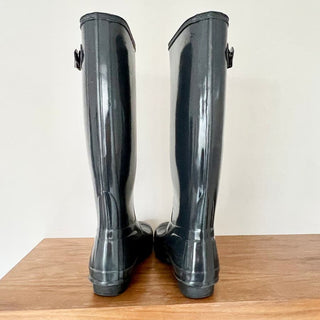 Hunter Wellies Tall Gray Gloss Waterproof Rain Boots Women's Size US 8 EUR 39