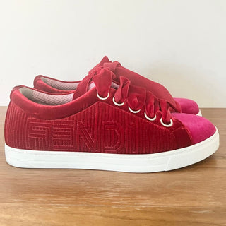 Fendi Two Tone Velvet Logo Embossed Sneakers Shoes Red Pink Womens Sz 36.5 / 6.5