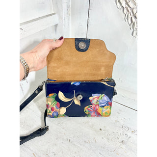 Patricia Nash Floral Print Leather Satchel Purse Crossbody Bag Winter Bloom Blue