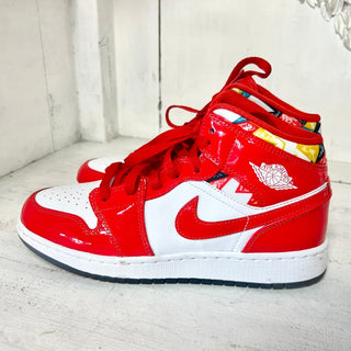 Nike Air Jordan 1 Mid SE GS Barcelona Sweater Sneakers Red Patent Boys 6.5Y / 39