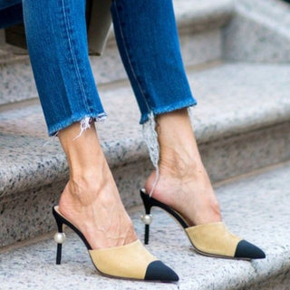 Chanel Leather & Satin Faux Pearl Pointed Stielttos Heel Mules Beige Black EU 41