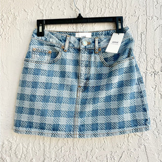 $380 NWT AMI Paris Gingham High Waisted Jacquard Denim Mini Skirt Blue 26 / 2