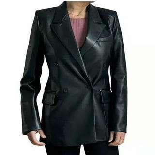 Zara Faux Leather Long Sleeve Peak Lapel Double Breasted Blazer Black Women's S