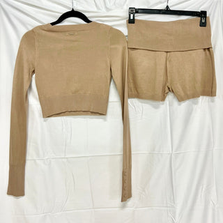 Lounge Knitted Long Sleeve Crop Top & Fold Waist Shorts Set Tan Women's Size XS