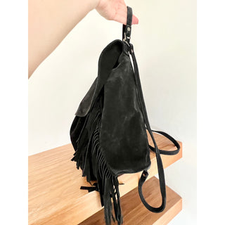 The Perfext 100% Calf Suede Leather Fringe Flap Backpack Bag Black Women's