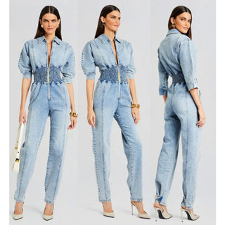 NWT Retrofete Ellis Short Sleeve Tapered Leg Denim Jumpsuit Este Women's Size M