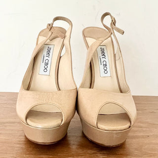 Jimmy Choo Patent Leather Slingback Platform Sandal Beige Women's Size 38 / 7.5