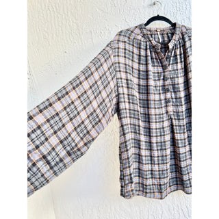 Free People Long Sleeve Checked Plaid Henley Top Shirt Multicolor Women's Large