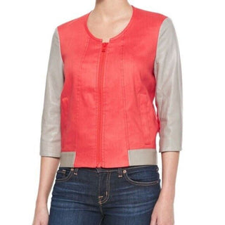 Helmut Lang Lamb Leather 3/4 Sleeve Full Zip Collarless Bomber Jacket Red Small