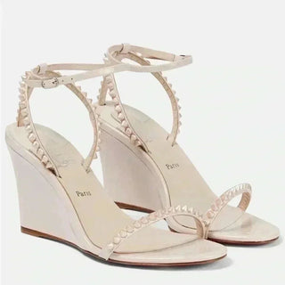 Christian Louboutin So Me Patent Leather Studded Wedge Strappy Sandals White 37
