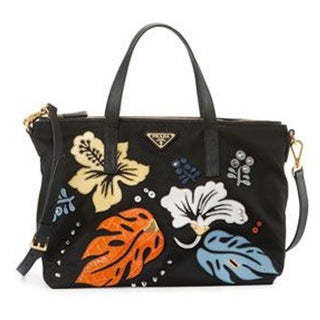 Prada Nylon Tote Bag With Saffiano Leather Hawaiian Appliqué Black (Nero)