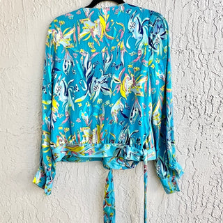 Tanya Taylor Printed Klara Long Sleeve V-Neck Wrap Top Blouse Blue Womens Size 6