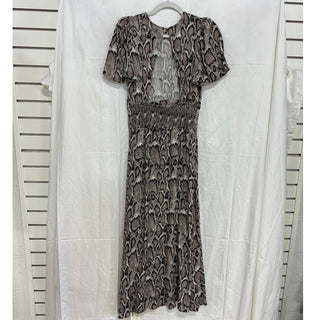 NWT AFRM Lala Snakeskin Puff Sleeve High-Neck A-Line Midi Dress Gray Women's M