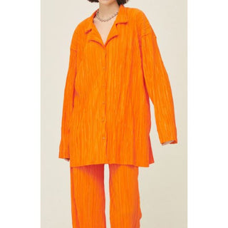 Storets Maria Oversized Plisse Shirt & Flared Leg Pants Set Orange Women's S / M