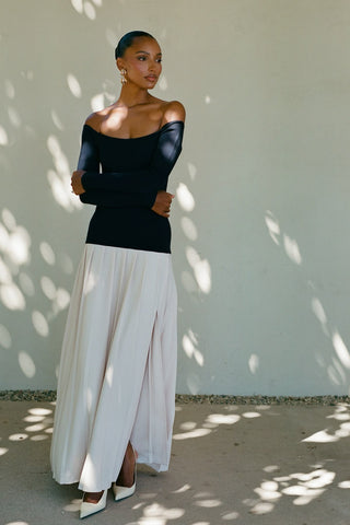 Meshki Presley Contrast Knit Off Shoulder Maxi Dress Navy / Cream Women's XS