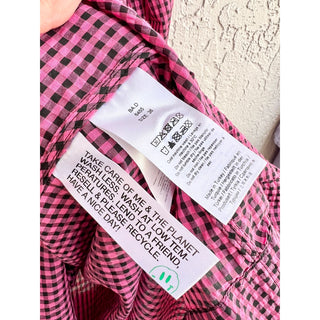 $400 Ganni Shirred Gingham Seersucker V-Neck Midi Dress Pink/Black Sz 36 / US 10