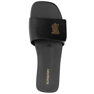 Burberry Monogram Plaque Leather Slip On Flat Slide Sandals Black Size 41 / 10.5