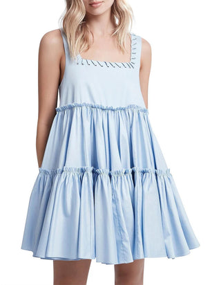 Aje Hushed Sleeveless Square Neck Tiered Mini Swing Dress Sky Blue Womens Size 8