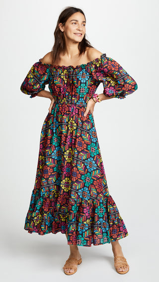 Carolina K Alexa Fiesta Flower Off-the-Shoulder Tiered Maxi Dress Multi Womens L