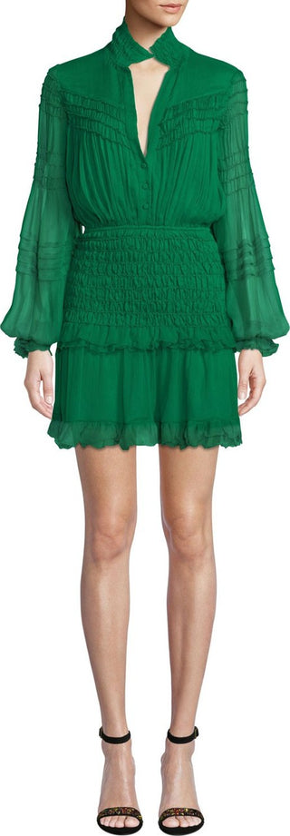 Alexis Shaina Silk Long Sleeve V-Neck Smocked Mini Dress Green Women's Size M