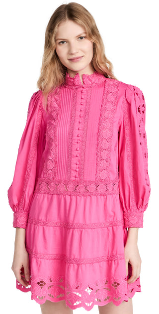 NWT Alice + Olivia Clark Mock Neck Lace Tiered Mini Dress French Rose Women's 4