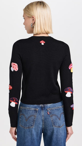NWT Alice & Olivia Daroda Mushroom Long Sleeve Cardigan Sweater Black Multi XS