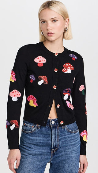 NWT Alice & Olivia Daroda Mushroom Long Sleeve Cardigan Sweater Black Multi XS