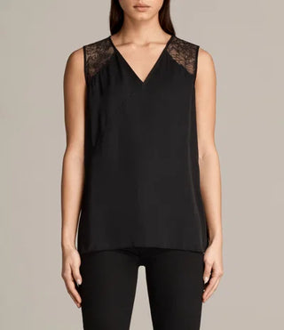 AllSaints Prism Lace-Shoulder Satin Sleeveless Tank Top Black Women's Size US 6