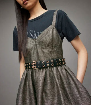 NWT All Saints Aimsie Corset Pleated Fit & Flare Mini Dress Metallic Gold US 2