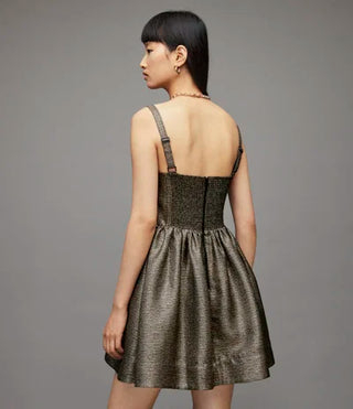 NWT All Saints Aimsie Corset Pleated Fit & Flare Mini Dress Metallic Gold US 2