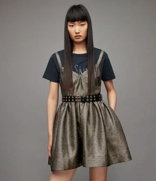 NWT All Saints Aimsie Corset Pleated Fit & Flare Mini Dress Metallic Gold US 2