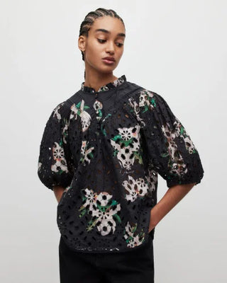 AllSaints Tila Alessandra Eyelet Floral High Neck Blouse Black Women's Size 6
