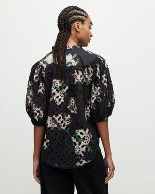 AllSaints Tila Alessandra Eyelet Floral High Neck Blouse Black Women's Size 6