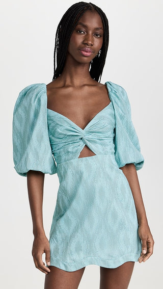 NWT Alexis Valera Puff Sleeve Sweetheart Neck Mini Dress Jade Weave Women's S