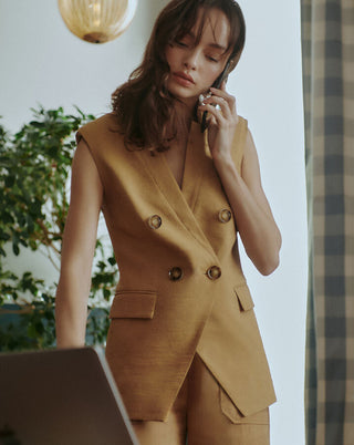 Veronica Beard Amika Linen Blend Double-Breasted Tailored Vest Tan Women's 00