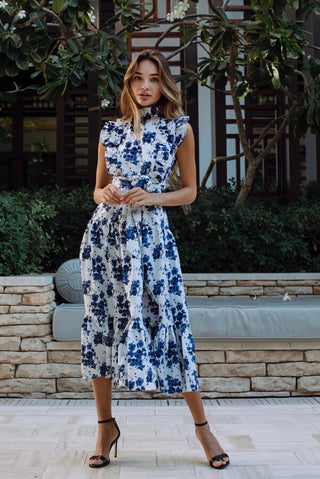NWT Anne Louise Boutique Gardenia Floral Ruffled A-Line Midi Dress Blue/White 2