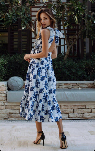 NWT Anne Louise Boutique Gardenia Floral Ruffled A-Line Midi Dress Blue/White 2