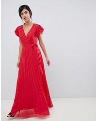 NWT ASOS DESIGN Flutter Sleeve Pleated Textured Chiffon Maxi Dress Red Womens 0