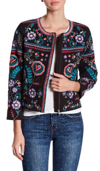 Parker Embroidered Floral Zip Up Round Neck Crop Jacket Black Multi Womens Small