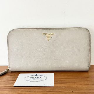 Prada Gray Beige Saffiano 100% Leather Zip Around Continental Wallet Women's