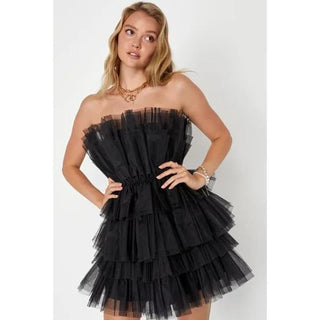 NWT Lulus Strapless Ruffle Tiered Tulle Mini Dress Black Women's Size XS