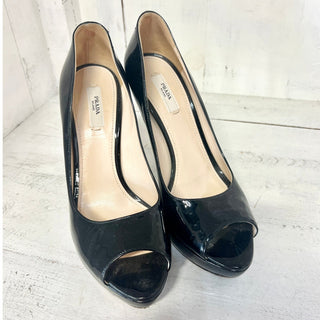 PRADA Patent Leather Slip On Peep Toe Platform Pumps Black Women's 38.5 US 8