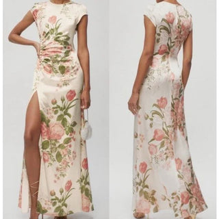 Reformation Floral Print Ruched Birch Olivia Maxi Dress Pink Cream Womens US  2