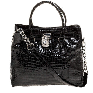 NWOT Michael Kors MK Hamilton Croc Embossed Tote Shoulder Bag Black w/ Dust Bag