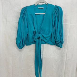 Ostra Brasil Puff Sleeve Tie Front Cropped Blouse Top Teal Blue Women's Size M