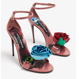 Dolce & Gabbana Keira Patent Leather Floral Ankle Strap Sandals Pink Women Sz 38