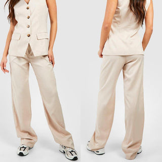 NWT Boohoo Marl High Waisted Wide Leg Tailored Trouser Pants Stone Women's US 4