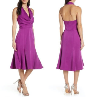 Harlyn Anthropologie Plunge Halterneck A-Line Midi Dress Purple Women's Small